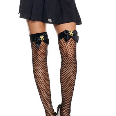 Halloween Black Fishnet Thigh High Dollar Sign Red Star Bow Costume Stockings -