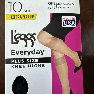 L'eggs Everyday Plus Size Knee Highs 10 Pair One Size Jet Black Sheer Toe