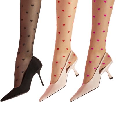 Fiore Love Booster 15D Sheer Stockings - Black Pink or Red Hearts - Plus Sizes