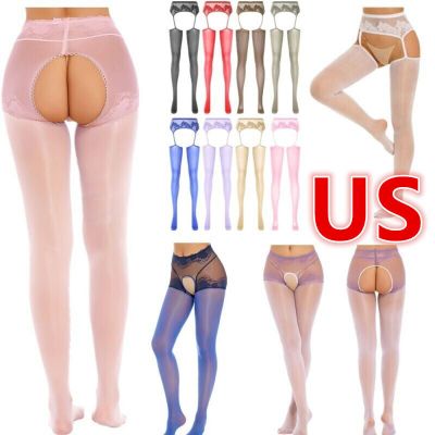 US Women's Crotchless Silk Pantyhose Lace Patchwork Stockings High Elastic Tight