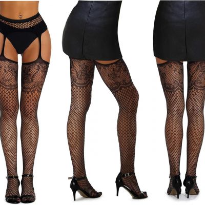 5 Pairs Fishnet Thigh High Garter Stockings Patterned Tights for Women,Garter Be