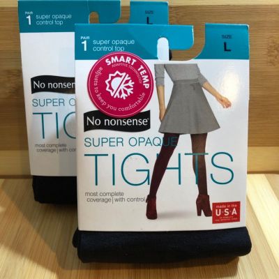 2 Pairs No nonsense Black Super Opaque Control Top Tights With Smart Temp Large