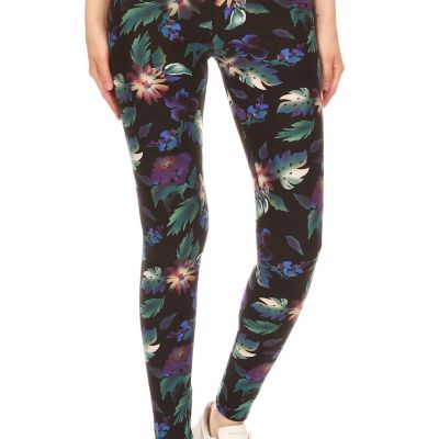 FASHNZFAB Women's Long Yoga Style Banded Lined Floral Printed Knit Legging With