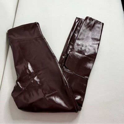 SPANX shape Faux Leather Patent Leggings Size Medium Petite Ruby Burgundy Shiny