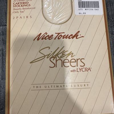 2 pair Gartered Stockings-Nice Touch Silken Sheers with Lycra Short/Medium Pearl