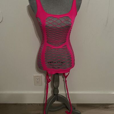 Hot Pink Fishnet Dress With Garter One Size.