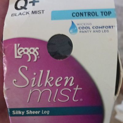 Leggs Silken Mist Control Top Pantyhose Black Mist Q+  Sheer Leg, Wicking