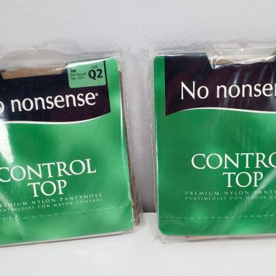 No Nonsense Control Top Pantyhose Tan Reinforced Toe 333 Size Q2 Queen Lot Of 2