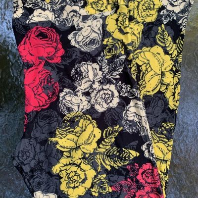 Lularoe Leggings TC2 Yellow Bright Coral And Gray Roses On Black