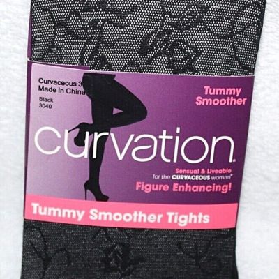 Curvation Women's Black Floral Pattern Tummy Smoother Tights 3040 Pick Your Size