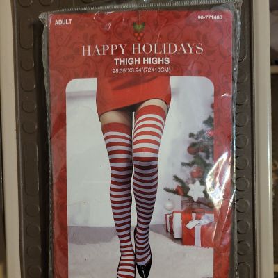Happy Holiday Thigh Highs Red White Stripes Stockings. Size 28.35