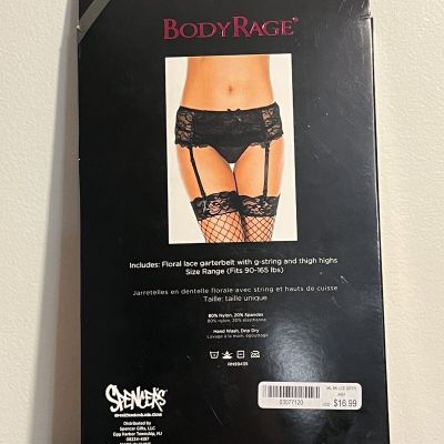 NEW Body Rage Black Floral Lace Garterbelt w/ G-Sting and Thigh Highs