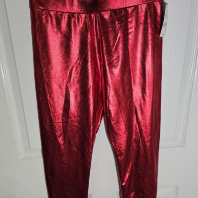 NWT Zoe + Liv High Waisted Metallic Womens Red Shiny Leggings Medium