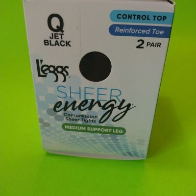Leggs Sheer Energy Control Top Q Jet Black Medium Support Leg 2 Pair