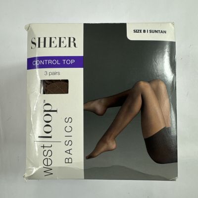 West Loop Basics Sheer Toe Control Top Size B Suntan Pantyhose Nylon Confort 3Pk