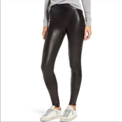 Spanx Black Faux Leather Shiny Compression Leggings Size Large