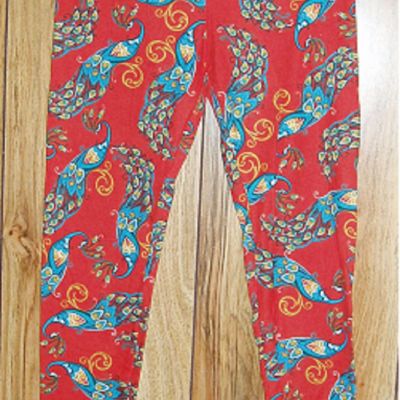Lularoe One Size Leggings Bright Red-Orange with Teal Peacocks