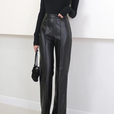 Lautaro Spring Autumn Long Black Soft Pu Leather Pants Women with Zipper High W