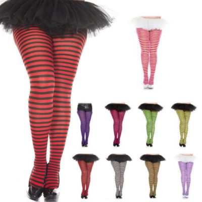 2 Color Opaque Thin Striped Horizontal Bright Costume Tights Full Pantyhose XL
