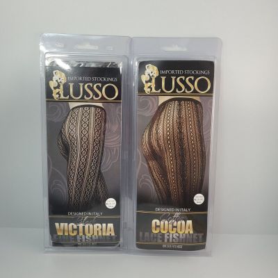 LUSSO IMPORTED COFFEE COCOA LACE & BLACK VICTORIA FINE FISHNETS STOCKINGS ONE SZ