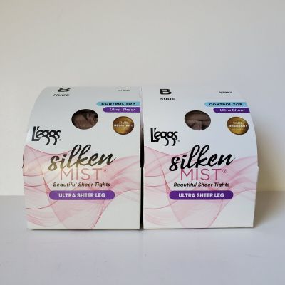 2 Pair Leggs Silken Mist Size B Nude Control Top Ultra Sheer Leg Nylons 97997
