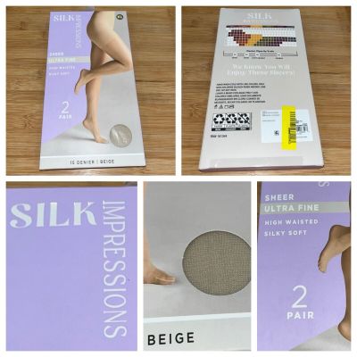 NEW Silk Impressions Pantyhose XL Beige 2-Pack Ultra Fine High Waisted 15 Den