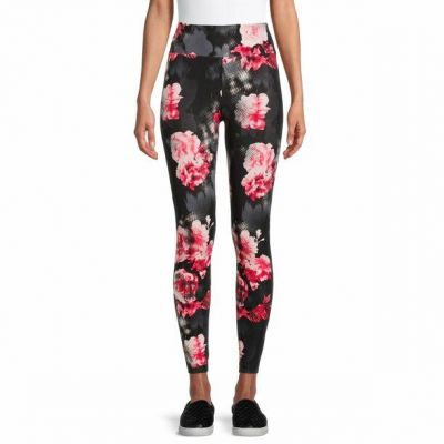 No Boundaries Juniors' Sueded Skinny Fit Pink Rose Floral Pull-On Style Leggings