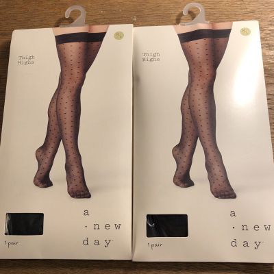 2 Pair Of Women’s Sheer Square Dot Thigh Highs - A New Day Black Size M/L