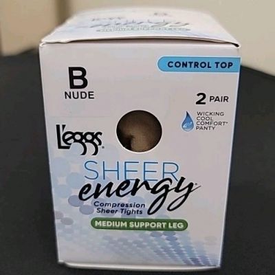 Leggs 2 Pair Sheer Energy Medium Support Leg Control Top Pantyhose Nude Size B