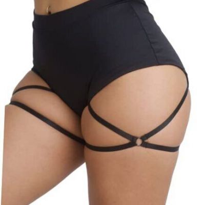 Women's Booty Shorts with Garters High Waisted Workout Pole Dance Large Black