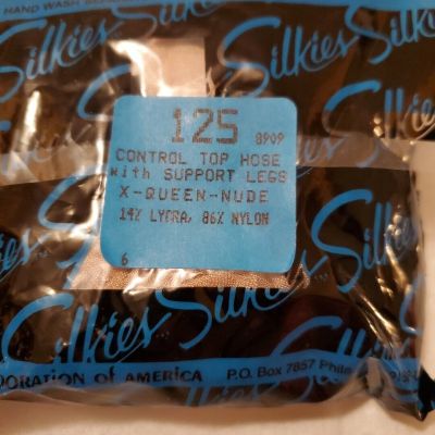 New Vintage SILKIES Size X-Queen Pantyhose Control Top w/Support Legs Nude-#125