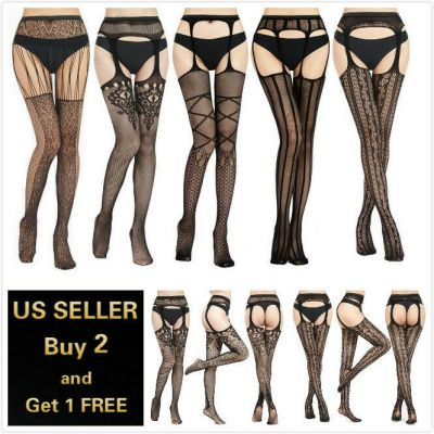 Women Fishnet Sexy Garter Belt Stockings Thigh High Lingerie Lace Tights Bow