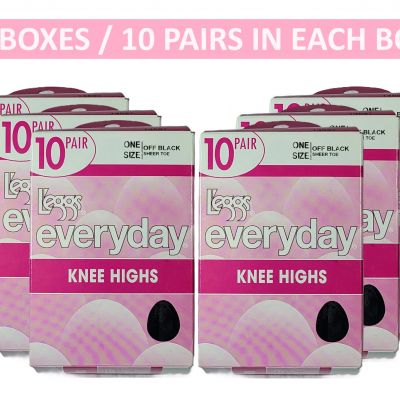 Leggs Everyday Knee Highs One Size Off Black Sheer Toe 10 Pair - 6 Boxes
