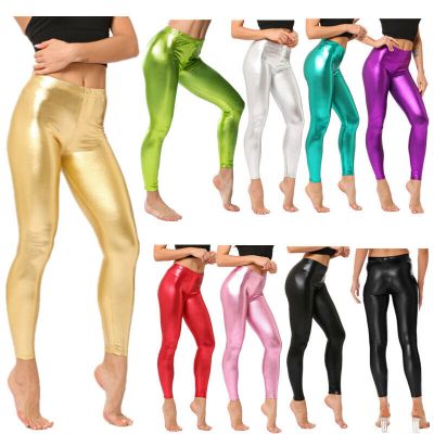 US Womens Shiny Metallic Fitness High Waist Workout Sexy Trousers Gym Long Pants