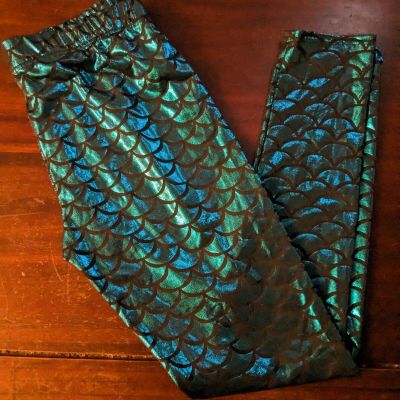NWOT Shiny Blue Green Metallic Scales Mermaid Leggings L
