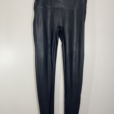 Spanx Leggings Women's Size Large Black Faux Leather Stretch Seamless