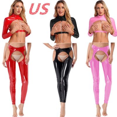 US Women's Wetlook Crop Tops and Hot Pants Patent Leather Sexy Lingerie Clubwear