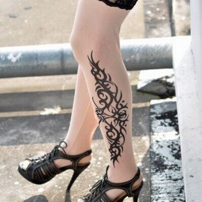 Fashion Tattoo Print Stockings Tan, black Lace Top Women's Thigh Hi Highs OS