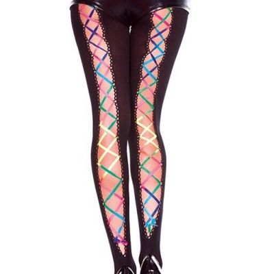 Black Rainbow Ribbon Lace Up Pantyhose Stockings Pride Ravewear Tights