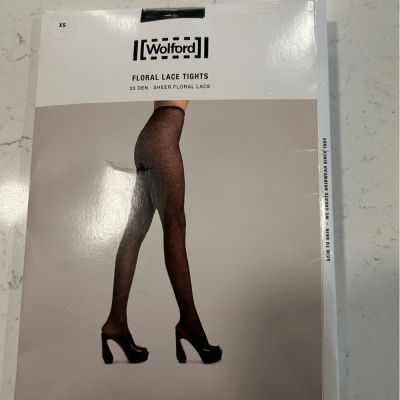 Wolford Floral Lace Tights, 25 Den Sheer Floral Lace, XS, Black, NWT