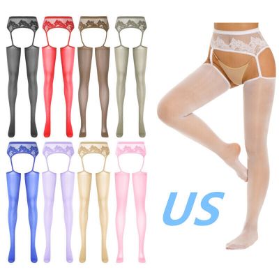 US Women Lace Sheer Suspender Thigh High Stockings Hollow Out Tights Pantyhose