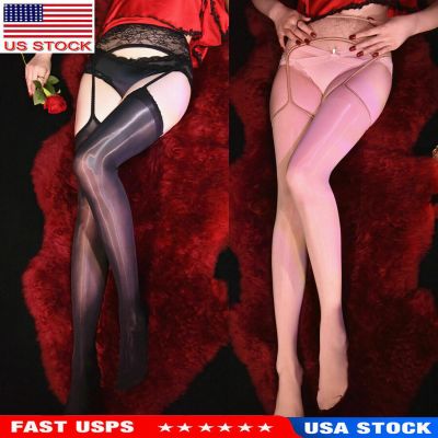 Womens Oil Shiny Glossy Stockings Garter Belt Stay Up Thigh-High Hosiery US