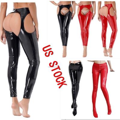 US Women Shiny Leather Tights Cutout Crotchless Open Butt Skinny Pants Clubwear