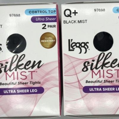 2PK L'eggs Silken Mist Beautiful Sheer Tights ~ Q+ ~ BLACK MIST ~ 2 PAIR EA ~NEW