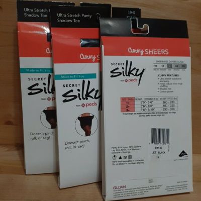 3 PAIRS:  Secret Silky CURVY SHEERS 10441 Ultra Stretch Pantyhose Jet Black 1+
