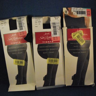 Lot 3 NOS Hanes Silk Reflections Tights Size CD Silky Opaque Navy, Moss, Ebony