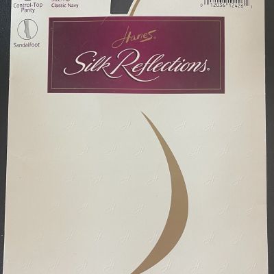 Hanes Silk Reflections Sheer Control Top Pantyhose Sandalfoot Sz AB Classic Navy