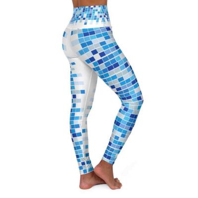 High Waisted Yoga Leggings - Blue and White Mosaic Square Style Pants