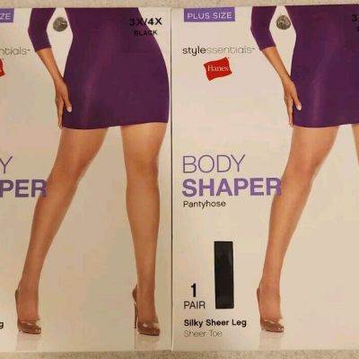 Hanes Women's 3X-4X Body Shaper Plus Size Pantyhose BLACK Silky Sheer Leg #13424
