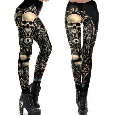 Women Gothic Punk Biker Leggings Ankle Pants Cosplay Skull Dominatrix style